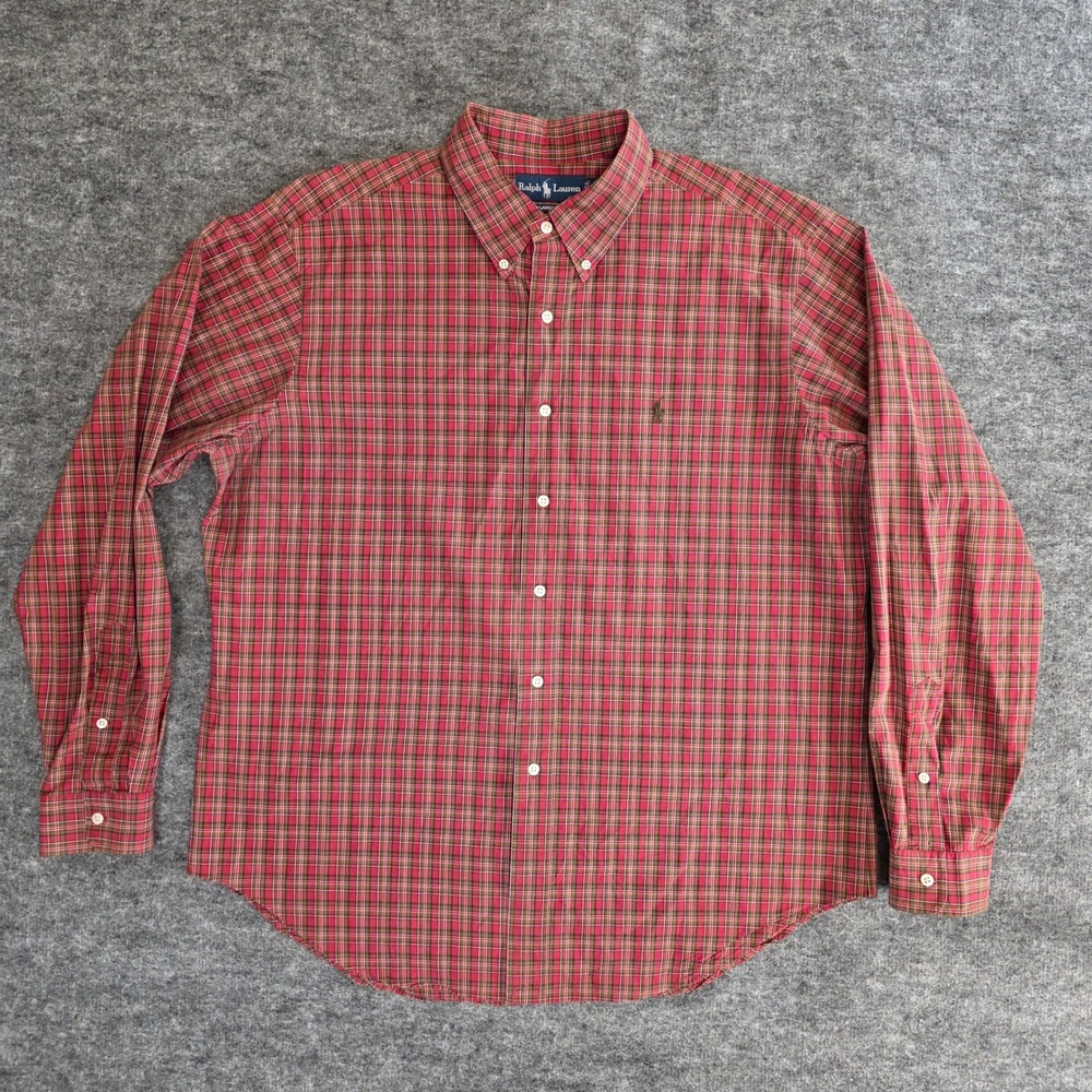 Ralph Lauren Shirt Mens XL Red Tan Plaid Classic Fit Long‎ Sleeve Button Down